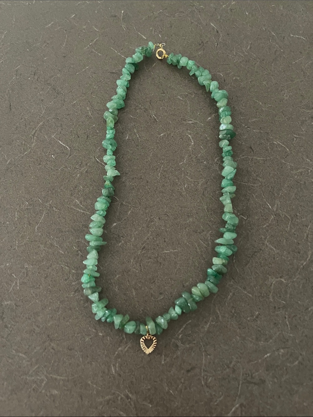 Green Gemstone Chip Necklace with Gold Heart Charm 8” fully clasped